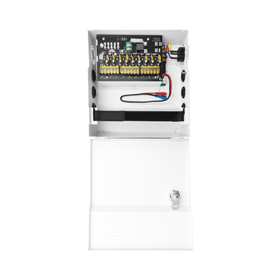 Fuente de Poder con ajuste de voltaje de 11- 15 Vcc / 10 A / 9 Salidas / Capacidad de Batería de Respaldo / Requiere Batería / Voltaje de Entrada 96-264 Vca