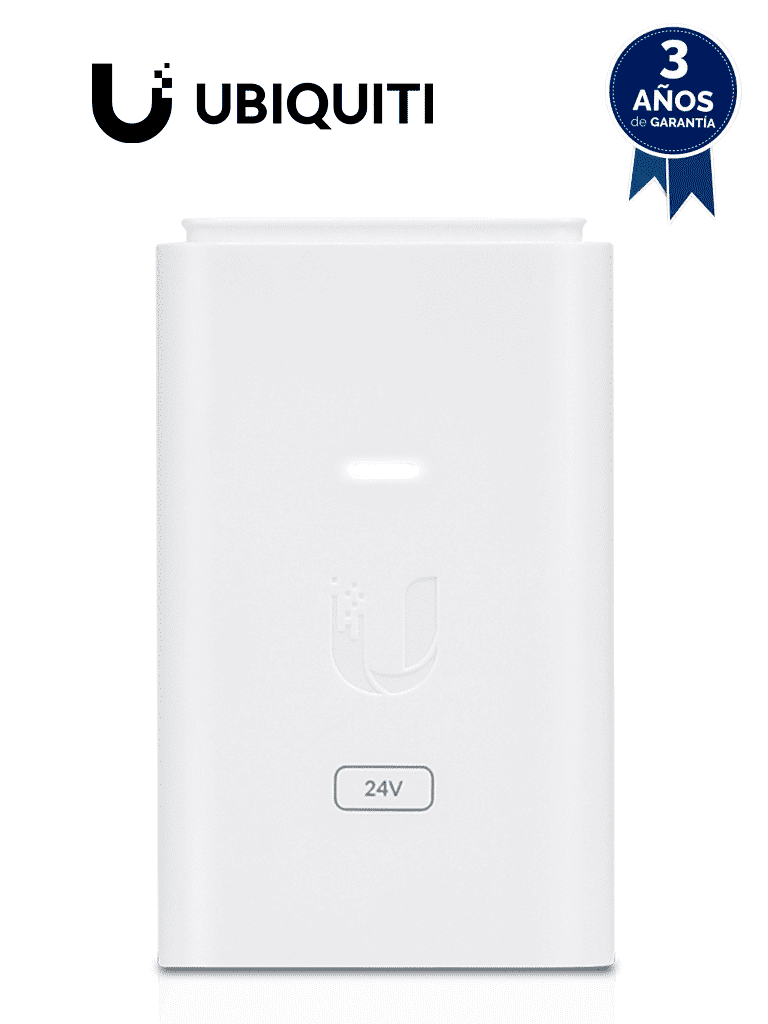UBIQUITI  POE-24-7W-G-WH - Inyector PoE Gigabit con protección contra descargas, alimentación de 24V DC a 0.3A y capacidad para reset remoto.