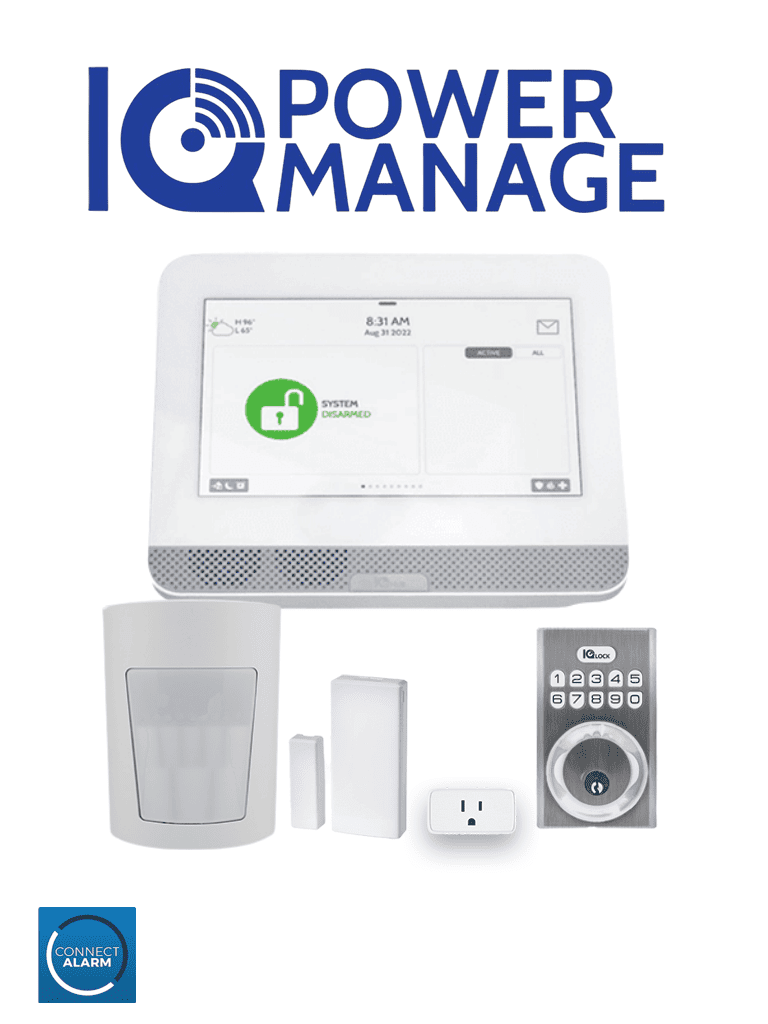 QOLSYS IQ4 HUB POWER MANAGE Automation KIT - Paquete que contiene Sistema IQ 4 HUB POWER MANAGE, con pantalla táctil de 7",  1 sensor PIR inalámbrico PGP9914, 1 sensor magnético inalámbricos PG9303, 1 enchufe inteligente y una cerradura Power G