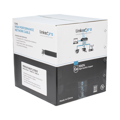 Bobina de Cable UTP 305 Metros (1000 Pies), Cat6 con Doble Forro, para Exterior, Climas Extremos, Color Negro