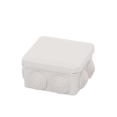 Caja Estanca, Derivación, Conexión de Plástico (89 X 89 X 50 mm) con 7 Glándulas de Goma. Para Instalaciones Comerciales,  Residenciales e Industriales. Cerrado a Presión.