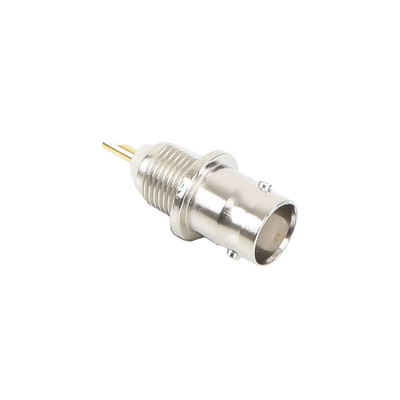Conector BNC Hembra de Montaje Frontal D-Plano, Soldable, Rondana de Seguridad, Níquel/ Oro/ Delrin.