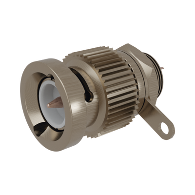 Conector BNC Macho, Montaje Frontal en D-Plano, Contacto Soldable, Níquel/ Oro/ Teflón.