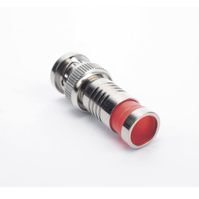 Conector BNC Macho en 75 Ohm, Montaje de Compresión Axial para Cable Coaxial RG-6/U, Níquel/ Oro/ Teflón.