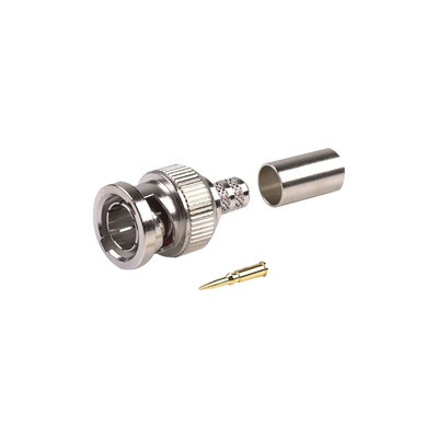 Conector BNC Macho, en 75 Ohm, Anillo Plegable para RG-59/U, 62A, Níquel/ Oro/ Delrin.