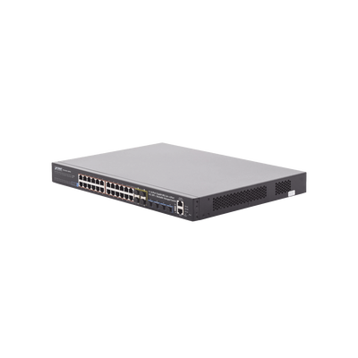 Switch Administrable Stacking Capa 3, 24 Puertos PoE 802.3af/at 10/100/1000T, Hasta 370 W,  4 Puertos 10G SFP+