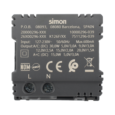 Módulo Doble USB Tipo A+C / Carga Rápida 30W / Color Grafito / Compatible con Torres y Cajas Simon / Modelo: (K126F/14)