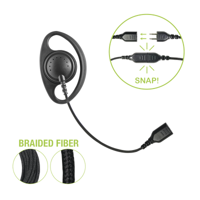 Auriculares con aro en forma de "D" con cable de fibra trenzada y conector SNAP. Requiere micrófono de solapa de 1 o 2 hilos de la Serie SNAP.