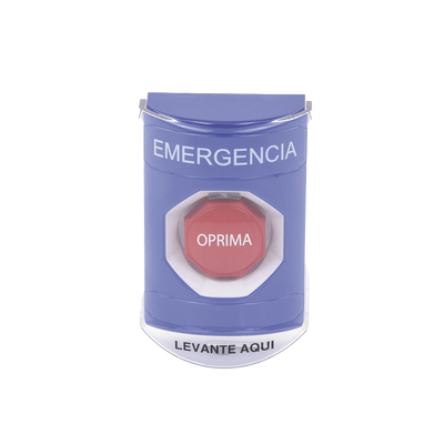Botón Multipropósito, Color Azul, De Superficie, Con Tapa De Policarbonato, Con Bocina Pre Alarma, Solo Interior, Llave Para Restablecer, Texto De Emergencia, Español