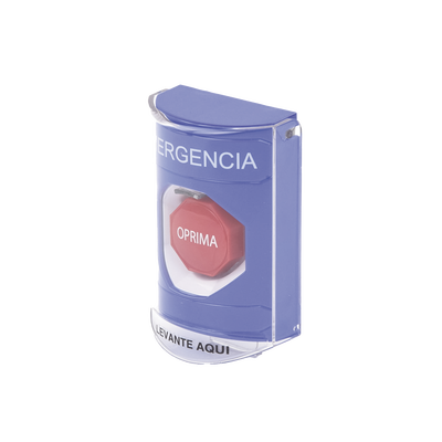 Botón Multipropósito, Color Azul, De Superficie, Con Tapa De Policarbonato, Con Bocina Pre Alarma, Solo Interior, Llave Para Restablecer, Texto De Emergencia, Español