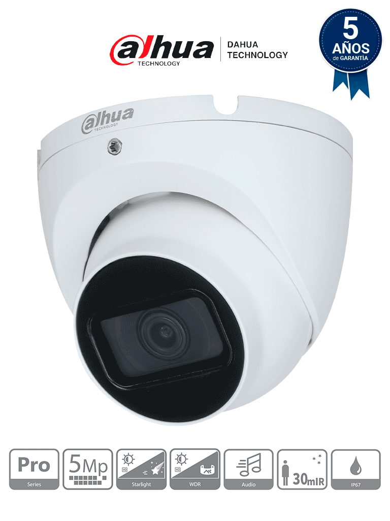 DAHUA HAC-HDW2501TLM-A -  Cámara Domo 5MP, Serie Pro con lente de 2.8mm y ángulo de 111°; IR 30m, micrófono integrado, carcasa metálica, WDR 120dB, IP67, con tecnología Starlight y HDCVI. Calidad superior en cualquier entorno.