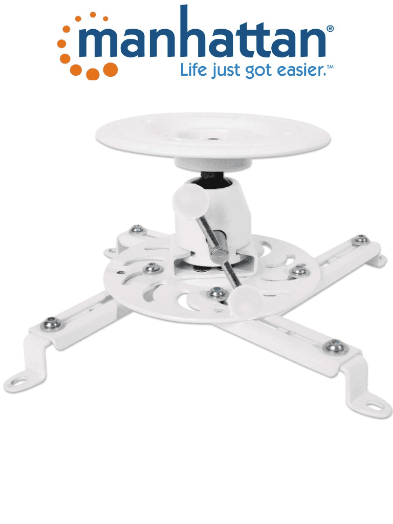 MANHATTAN 461153 - Soporte de Techo para Proyector/ 25 Kg de Carga/ Color Blanco/ Ajuste de Inclinación y Giro/ Brazos Ajustables para Diferentes Tamaños de Proyector/
