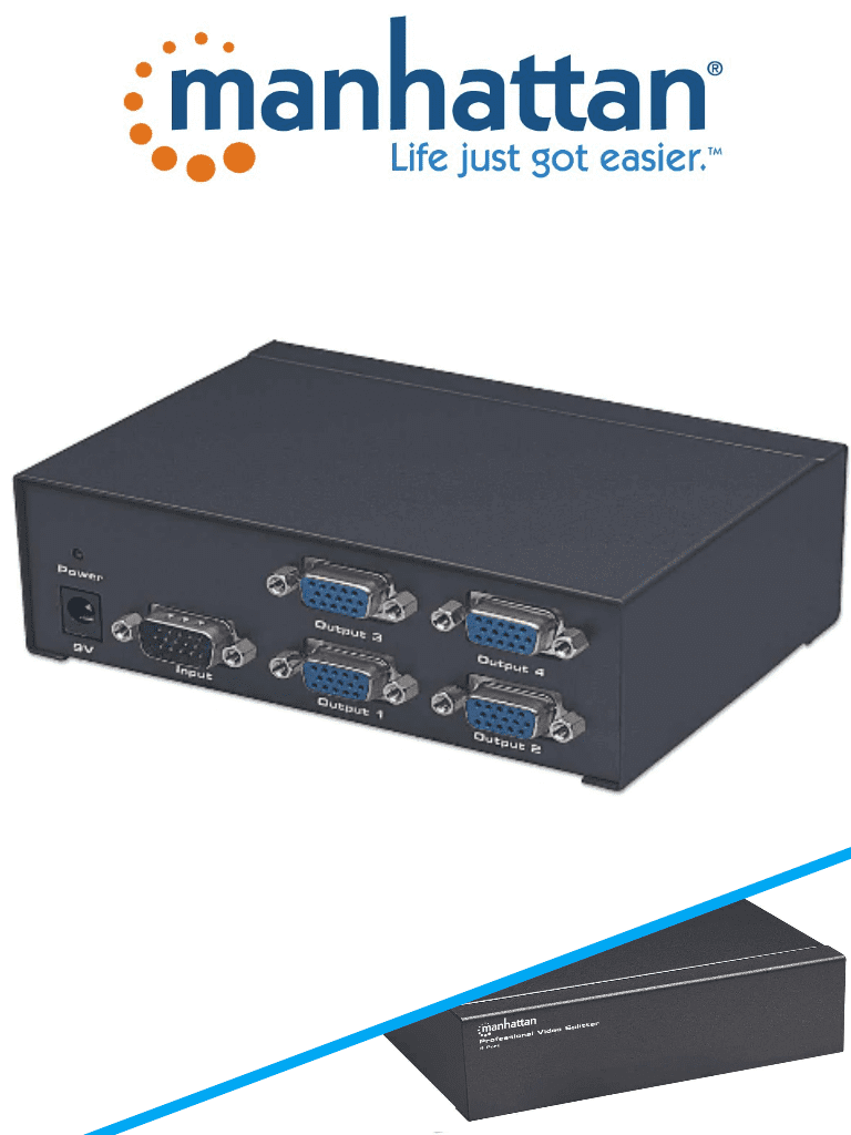 MANHATTAN 207348 - Splitter / Divisor de Video VGA/ Soporta SVGA/Multisync/ 1 Entrada y 4 Salidas VGA/ Distancia de Transmisión de Hata 65 Metros/ Indicador LED/ Ideal Para Monitores, Proyectores y PCs