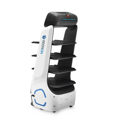 Robot de Entrega Dinerbot T9 / Capacidad de Carga 40 kg (88 lbs) / Pantalla Táctil HD 11.6" / Recarga Automática / Autonomía Hasta 18 Horas / Velocidad 0.8 m/s (2.63 ft/s) / LiDAR y Sensores Estéreo