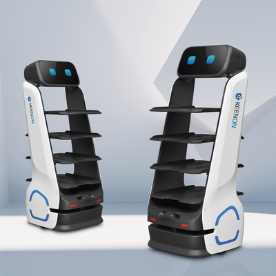 Robot de Entrega Dinerbot T9 / Capacidad de Carga 40 kg (88 lbs) / Pantalla Táctil HD 11.6" / Recarga Automática / Autonomía Hasta 18 Horas / Velocidad 0.8 m/s (2.63 ft/s) / LiDAR y Sensores Estéreo