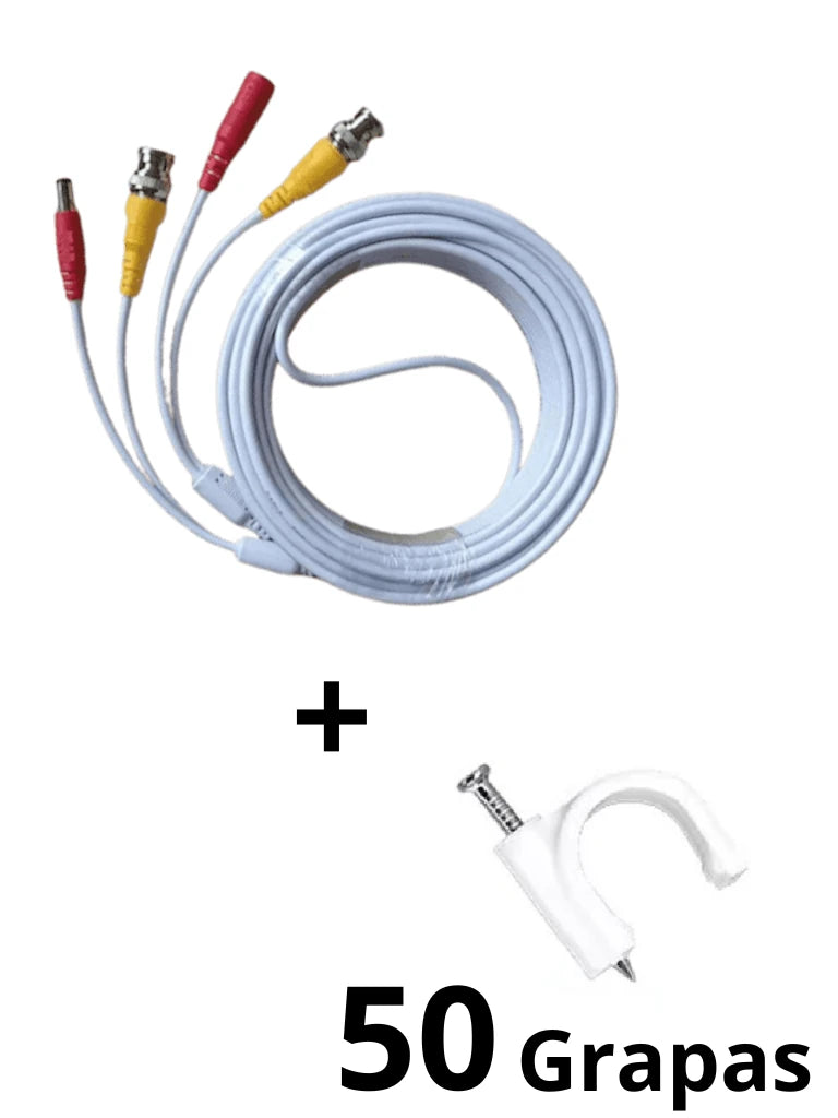 TCE-BNC10WLMG5-Paquete de Cable Siamés Armado Blanco de 10 Metros con Bolsa de 50 Grapas de Pared Blancas de 5mm
