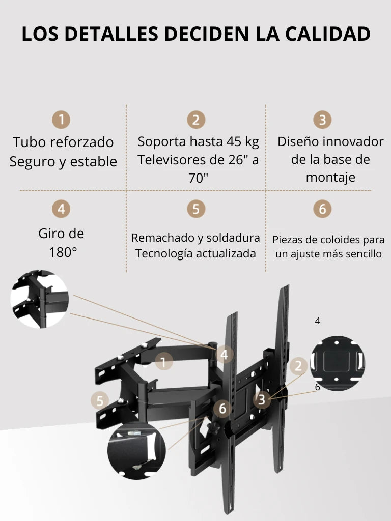 TCE LMEPB64EW - Soporte de Pared Articulado para Pantallas de 26 a 70" , Carga Máxima 45 Kg , VESA 400X400mm, Angulo de Inclinación 15°, Giro 90°