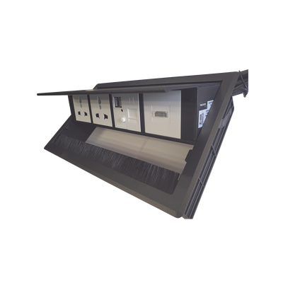 Caja Horizontal Tipo Hub para Escritorio Color Negro, con 1 Puerto HDMI Hembra-Hembra, 1 Puerto RJ45 Cat6, 2 Puertos USB (Solo Carga), y 2 Contactos Eléctricos Universales