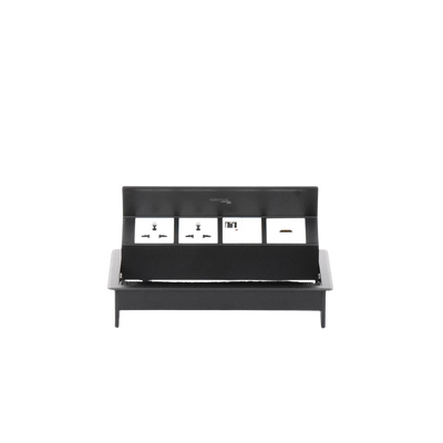Caja Horizontal Tipo Hub para Escritorio Color Negro, con 1 Puerto HDMI Hembra-Hembra, 1 Puerto RJ45 Cat6, 2 Puertos USB (Solo Carga), y 2 Contactos Eléctricos Universales
