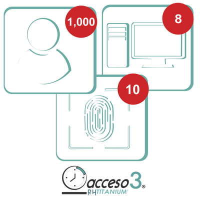 [BAJO PEDIDO] Licencia para software de Tiempo & Asistencia compatible con SISTEMAS DE NOMINA / 1,000 Empleados / 10 Relojes checadores / 10 PC / Acceso3 - TITANIUM