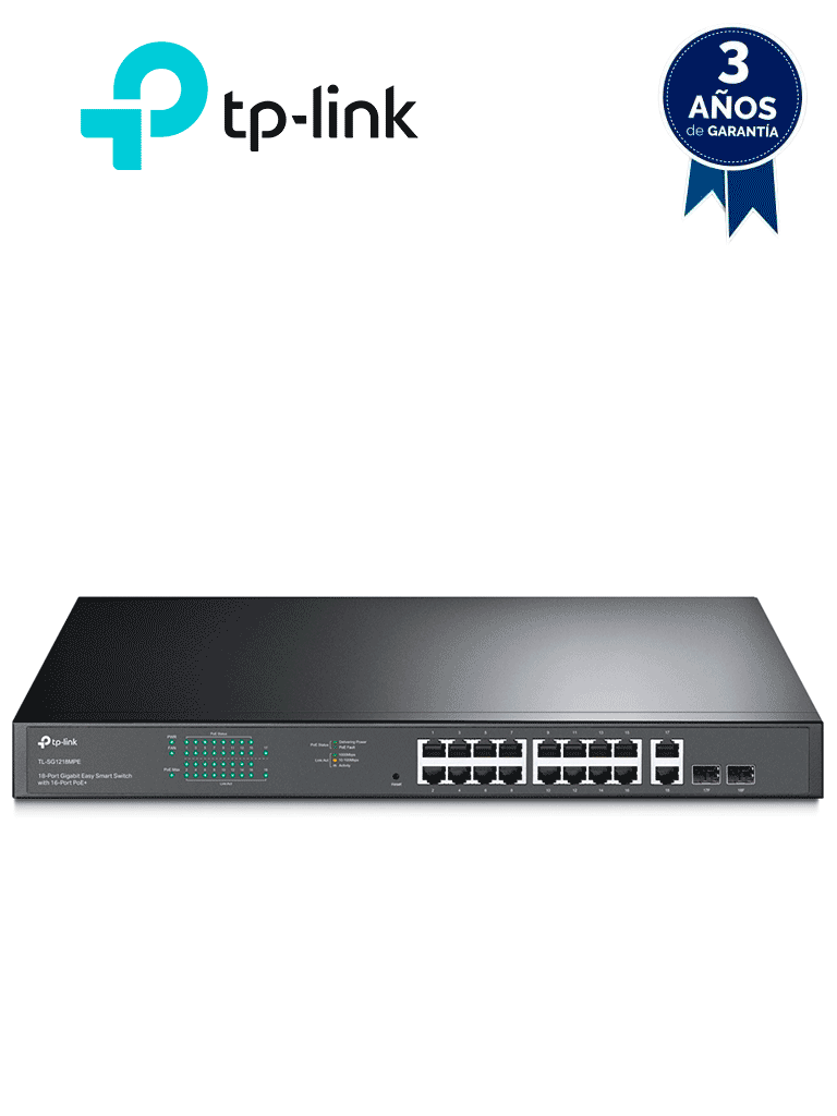 TP-LINK TL-SG1218MPE - Switch JetStream con 16 puertos 10/100/1000Mbps y soporte PoE af/at, además de 2 puertos SFP con una capacidad total de hasta 192W.
