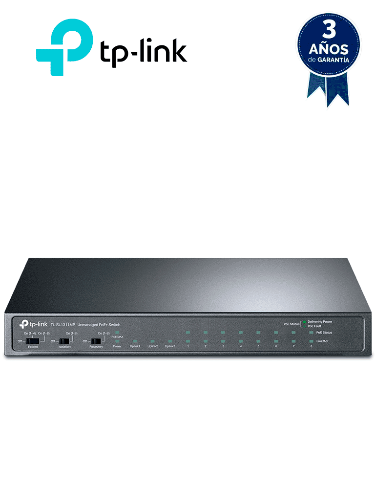 TP-LINK - TL-SL1311MP / Switch de Escritorio No Administrable 11 Puertos / 8 puertos 10/100Mbps RJ45 POE+/ 2 Puertos 10/100/1000 RJ45 / 1 Puerto Gigabit SFP / 8 puertos POE+ / 124 Watts totales /  POE Hasta 100m / Modo Extendido Hasta 250m