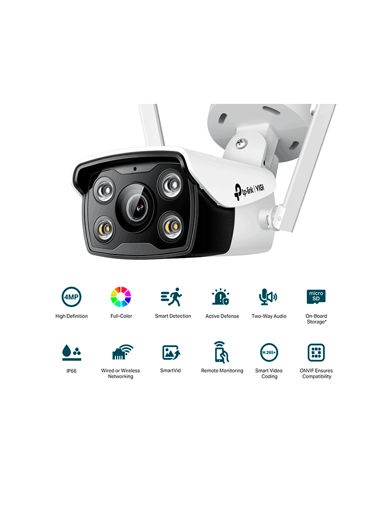 TP-LINK  C340-W(4mm) -Cámara IP tipo bala Wi-Fi full color para exteriores de 4 MP, lente fija de 4 mm, micrófono incorporado, altavoz, ranura micro-SD, IP66.