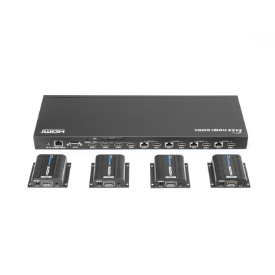 MATRICIAL Y EXTENSOR DE VIDEO HDMI 4 x 4 / 4 Entradas HDMI / 4 Salidas HDMI Loop / 4 Salidas RJ45 para Extender la señal 40 metros por salida  /  1080 @ 60Hz / Conmutación por RS232, Control Remoto o Ethernet.