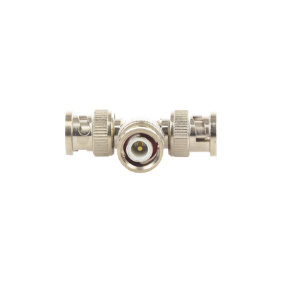 Adaptador de Triple conectores BNC macho para uso en sistemas de video vigilancia en aplicación con cables coaxiales RG-59/ RG-6, Níquel/ Oro/ Politetrafluoroetileno.