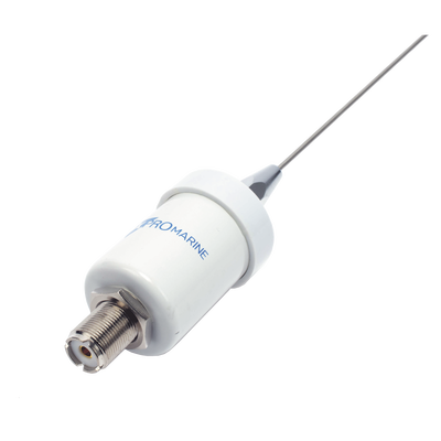 Antena marina VHF en látigo de acero inoxidable en rango de 156 a 163 MHz. Incluye cable de 4.5 m con conectores PL-259 instalados y montaje en L