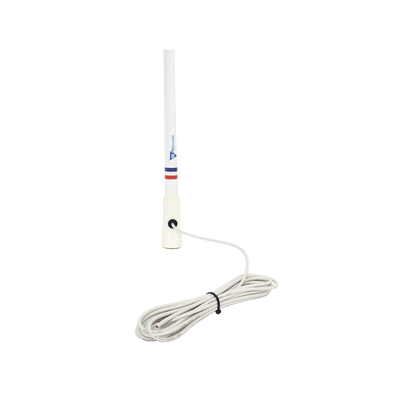 Antena marina VHF en fibra de vidrio en rango de 156 a 163 MHz, Incluye 4.5 metros de cable y conector PL-259 macho.