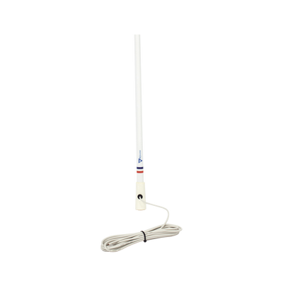 Antena marina VHF en fibra de vidrio en rango de 156 a 163 MHz, Incluye 4.5 metros de cable y conector PL-259 macho.