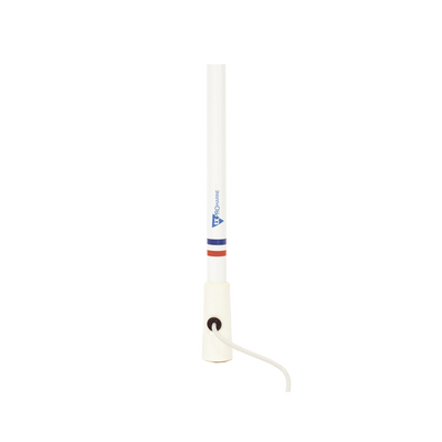 Antena marina VHF en fibra de vidrio en rango de 156 a 163 MHz, Incluye 10 metros de cable y conector PL-259 macho.