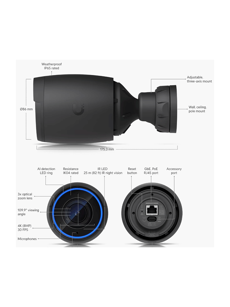 UBIQUITI UVC-AI-PRO - Cámara 4K, Zoom óptico 3X, IA avanzada: detecta personas, lee matrículas , IR 25 metros , microfono integrado, audio bidireccional , Exterior/Interior, POE+ (Color Negro).