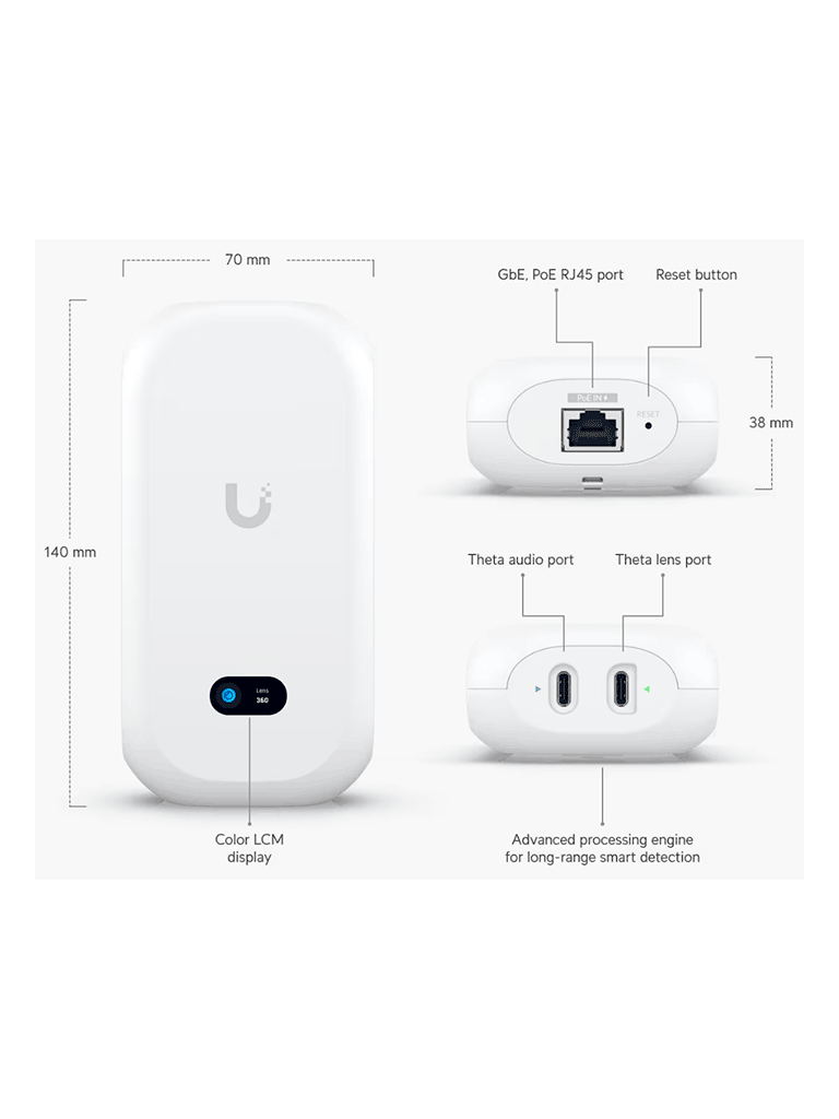 UBIQUITI UVC-AI-THETA - Camára IP Ultra compacta para interiores, Lente de 8 Megapixeles 4K y Lente de 6 Megapixeles 4K Panoramico 360º, Deteccion avanzada IA, 1 puerto de Video Theta, 1 puerto de Audio Theta, PoE