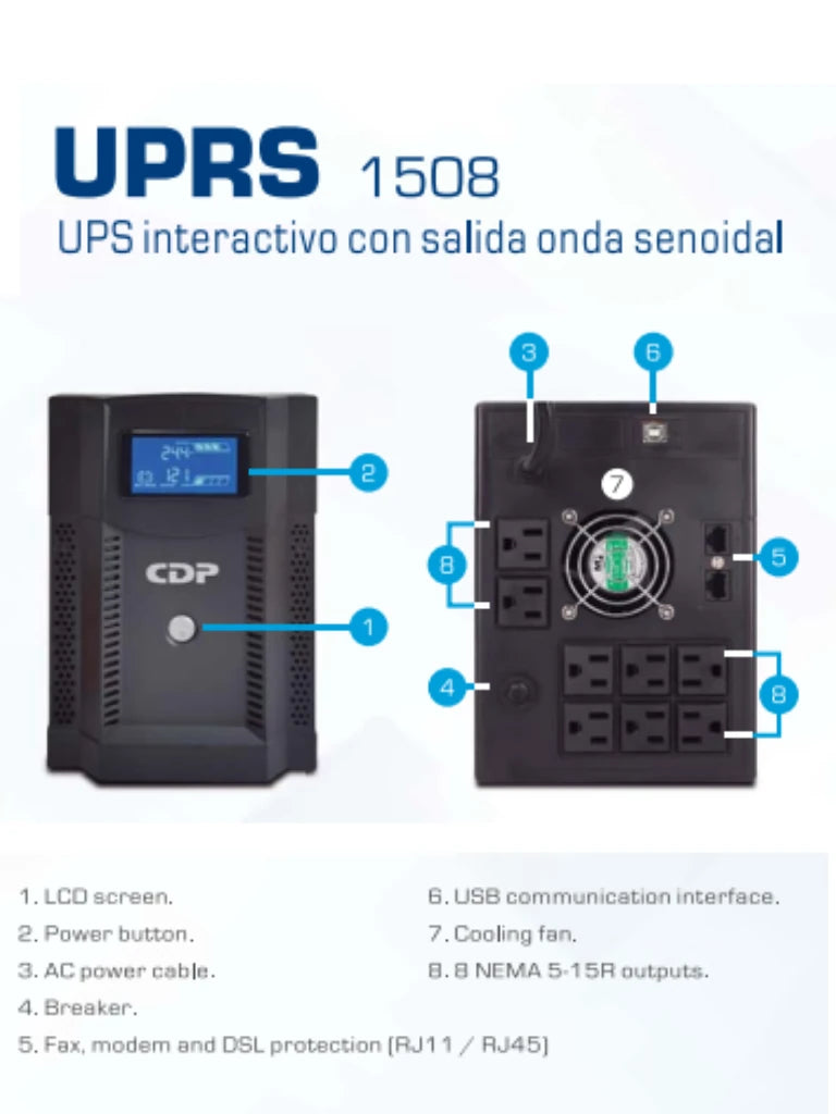 CDP UPRS1508 - UPS Iinteractivo / 1500VA / 1050W  / Onda senoidal pura / Voltaje de entrada 120VCA / 8 Terminales de salida