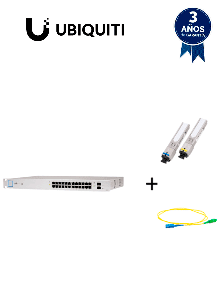 UBIQUITI US24250WPAQFIB - Paquete de Switch Poe 24 Puertos RJ45 y 2 Puertos SFP + Par de transceptores de fibra óptica SFP monomodo hasta 5km + Simplex 2 mm de 2 Metros