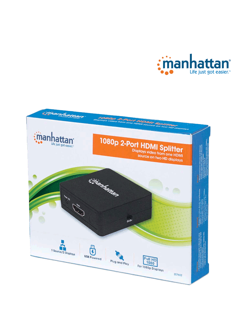 MANHATTAN 207652 - Splitter / Divisor de Video HDMI/ FullHD/ 1 Entrada y 2 Salidas/ Distancia de Entrada 15 Metros/ Distancia de Salidas 15 Metros/ Soporta Conexión en Cascada/ Soporta sonido LPCM, Sonido Master DTS-HD y Dolby TrueHD/