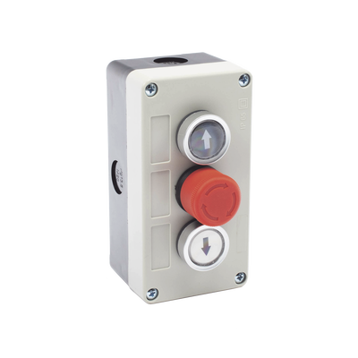 Botonera Triple con Boton de Stop Tipo Enclavado / Para Barreras Vehiculares, Operadores Corredizos y Abatibles.