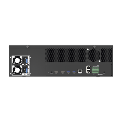 NVR de 64 canales /  Hasta 32 MP / H.265 & Wisestream / Procesamiento 400 Mbps / 3 Puertos de Red / Raid 5-6 / 16 bahias para disco duro (no incluidos)