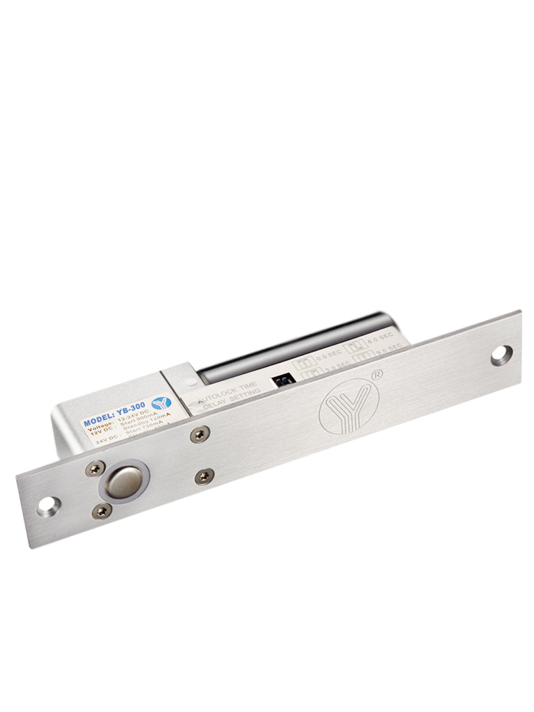 YLI YB300 - Cerradura Eléctrica de perno Soporta 800 Kg / Función NO  / Voltaje 12 y 24 VDC / Retardo 3,6 y 9 segundos / Fail Safe / Compatible con controles de acceso / Compatible Soporte de fijación BBK600