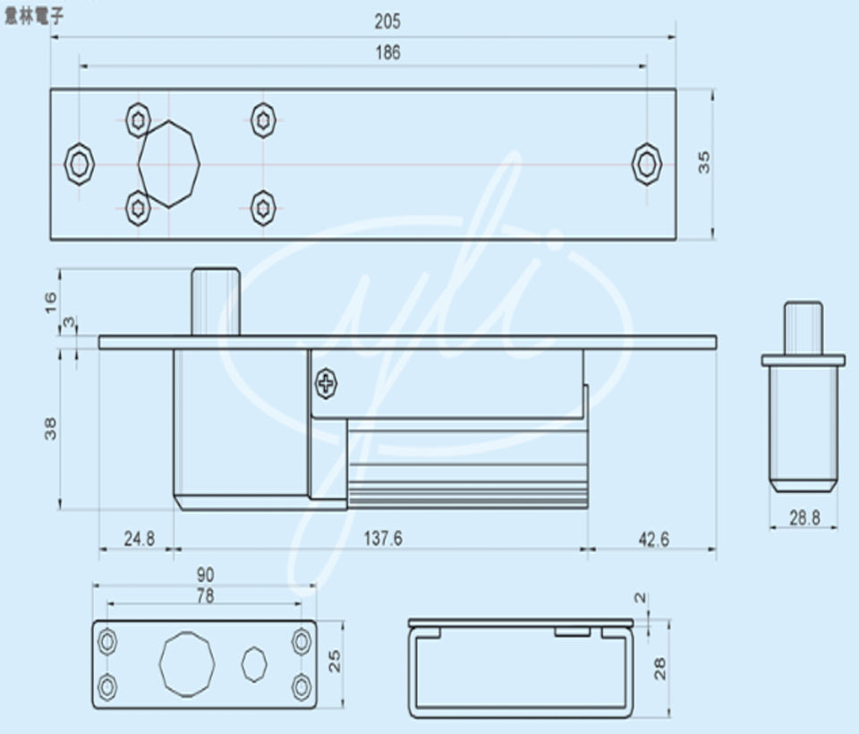 YLI YB300PACK - Paquete de cerradura de perno para control de acceso de puertas con retardo configurable de 3, 6 y 9 segundos incluye soporte de instalacion modelo YM600/ Voltaje dual 12 o 24 VDC
