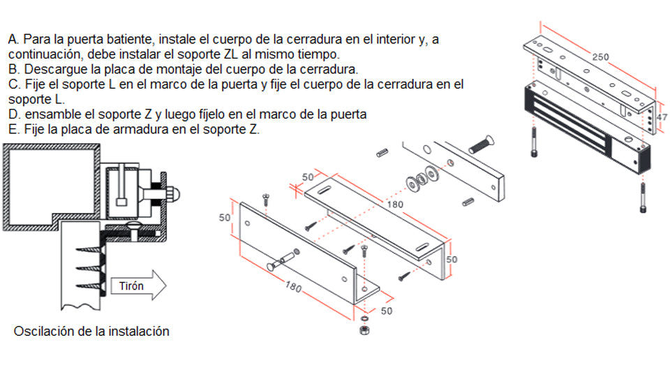 YLI MBK280ZLW - Sopote en ZL para instalacion de cerradura magnetica YM280WS para uso en exteriores
