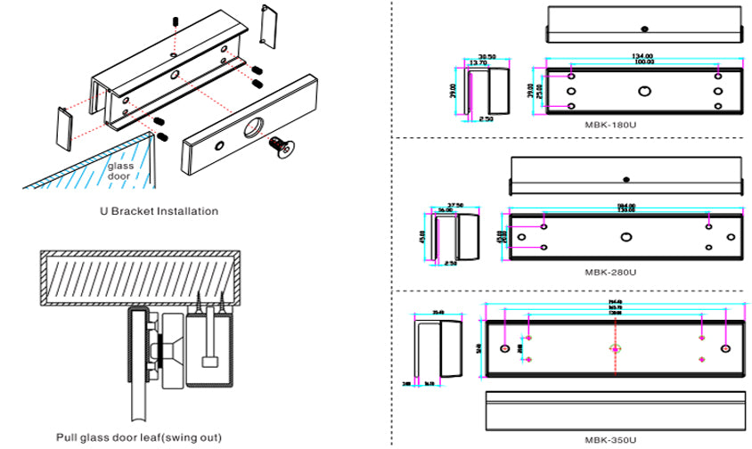 YLI MBK180U - Soporte en U para Puertas de Vidrio Sin Marco / Compatible con Cerradura Magnética YM180NLED