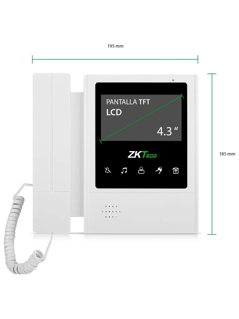 ZKTECO VDPIB4 - Monitor LCD de 4.3 pulgadas para Videoportero Analógico / Conexión mediante 4 Hilos / Resolución 480*272 píxeles / Imagen Nítida / Botón de No Molestar