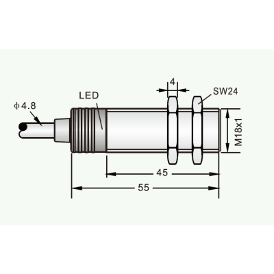 Sensor de Proximidad Inductivo Cilíndrico / M18 / 5 mm de Detección / PNP N.O. / Cable 3 Hilos 2 Metros / IP67 / Protección contra Cortocircuito y Polaridad Inversa / −25 a +70°C
