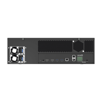 NVR de 64 canales / Soporta grabación hasta 32 MP / H.265 & Wisestream / Procesamiento 400 Mbps / 3 Puertos de Red / Raid 5-6 / 160 TB incluidos