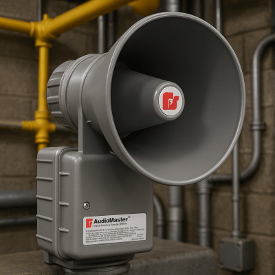 Altavoz de anunciamiento publico a prueba de explosiones AudioMaster®, Listado UL y cUL para Clase I, División 1, Grupos B, C y D; Clase I, División 2, Grupo A, B, C y D; Clase II, División 2, Grupos F y G, de Potencia Ajustable