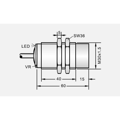Sensor de Proximidad Capacitivo CBT30-N15PA-D3Y2 / M30 / 15 mm Detección / PNP N.O. / DC 12-24V / IP67 / Cable 2M / Protección Cortocircuito y Polaridad Inversa / −20 a +60°C