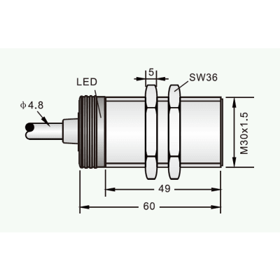 Sensor Inductivo Proximidad Cilíndrico / M30 Cable 3 Hilos / PNP N.O. / 10 mm Detección / IP67 / Protección Cortocircuito y Polaridad Inversa / Cable 2 Metros / −25...+70°C